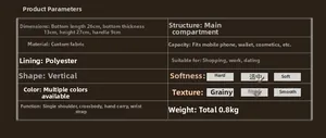 Detailed size chart and material specs for the three-piece tassel handbag set