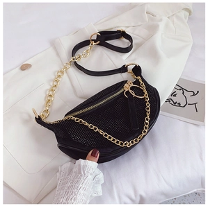 Detail of black rhinestone crescent crossbody bag with gold chain and top zipper closure