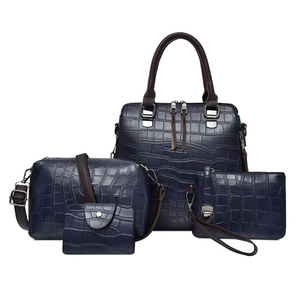 Ensemble 4 pièces sac à main bleu marine motif crocodile avec sac bandoulière et pochette