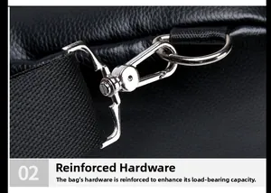 Detail of durable silver metal hook and D-ring on black crocodile pattern chest bag