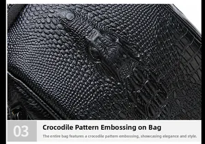 Macro shot of black crocodile-embossed synthetic leather texture on a men chest bag
