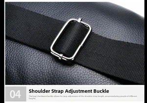 Detail of adjustable black nylon shoulder strap with silver metal buckle on leather bag