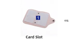 Pink faux leather card holder detail with transparent slots and metal snap button closure