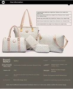 Detailed size chart showing dimensions for the 6-piece printed handbag set