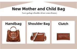 Detailed set of three brown PU leather bags including tote, shoulder bag and clutch