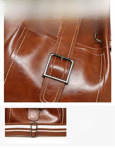 Detail of vintage brown PU bag with belt buckle closure and striped fabric strap