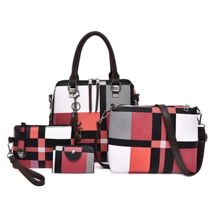 Women Handbags PU Leather Geometric Color Block Grid Handbag Shoulder Bag Clutch And Wallet Tassel Cat Pendant Retro