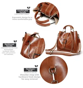Detail of comfortable dual handles and reinforced hardware hooks on brown PU tote bag