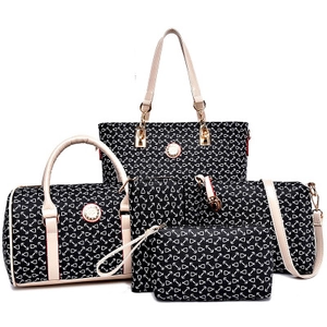 Four-piece black printed bag set featuring a large tote and a travel barrel bag with white patterns