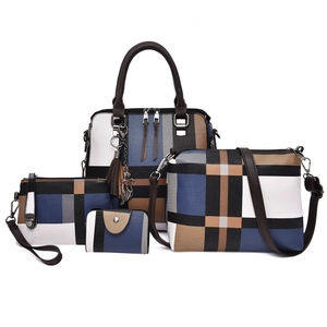 Modern geometric 4-piece women's handbag set with colorful patchwork and cat charm
