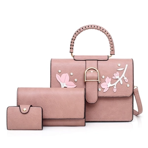 Pink 3-piece faux leather handbag set with floral embroidery and pearl accents
