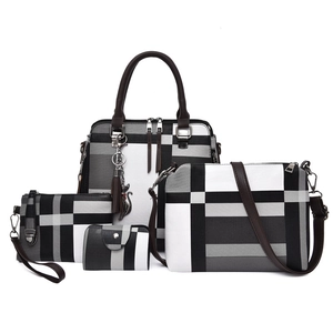 Three-piece women's handbag set with geometric pattern and tassel cat charm