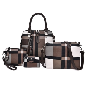 Brown plaid 4-piece handbag set including tote with cat tassel and crossbody bags