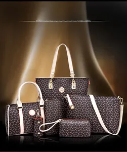Detailed 6-piece handbag set featuring dark brown printed tote, boston, and crossbody bags