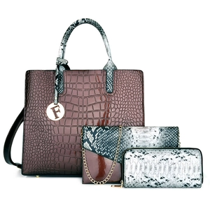 3-piece fashion handbag set in burgundy crocodile and snakeskin patterns with gold charm