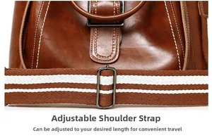 Close-up of adjustable striped fabric shoulder strap with antique bronze metal buckle