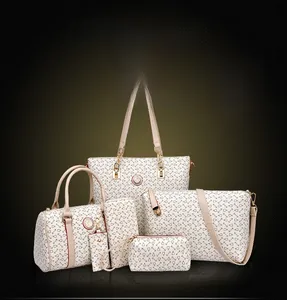 Detailed 6-piece handbag set in beige printed leather with golden hardware and red trim
