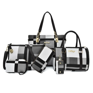 6-piece large capacity plaid handbag set with tote, crossbody bag, and purse