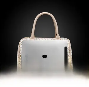 Detailed view of boston bag with anchor print and iPad for size comparison
