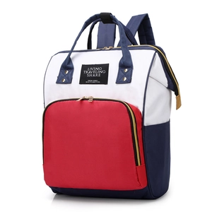 Large capacity tricolor fashion backpack for women with red white blue patchwork design
