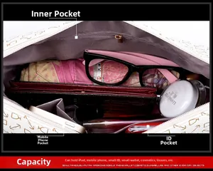 Detailed interior of the printed tote showing multiple pockets and purple fabric lining