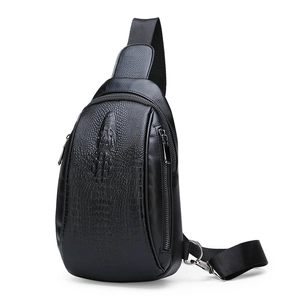 Men's black crocodile pattern crossbody chest bag with 3D embossed alligator head detail
