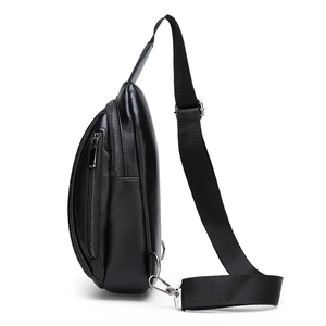 Men's black crocodile pattern leather chest bag with dual zippers and adjustable strap