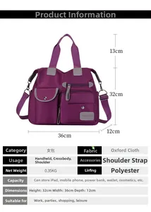 Detail of purple oxford tote bag showing dimensions 36x32x12cm and multiple zipper pockets