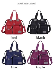 Waterproof nylon crossbody bags shown in red, black, blue, and purple color options