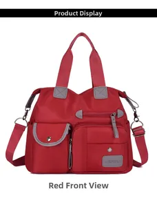 Front view of red waterproof oxford multi-pocket crossbody bag with adjustable straps