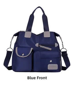 Close-up of waterproof dark blue nylon shoulder bag with functional zippers and pockets