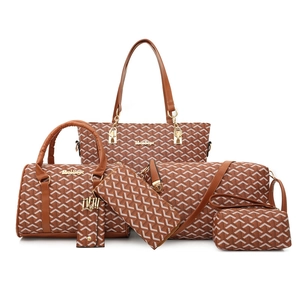 Brown 6-piece tote bag set with geometric pattern and golden hardware accents
