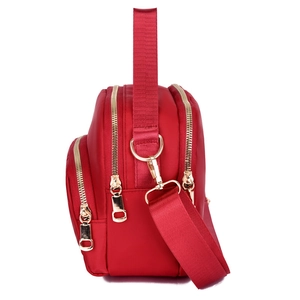 Waterproof red oxford shoulder bag with multi-layer zipper compartments and wide strap