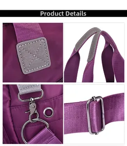 Detail shots showing reinforced cross-stitching and metal hardware on purple nylon travel bag