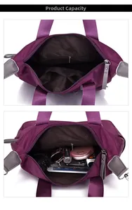 Detailed interior of purple oxford bag showing multi-pocket capacity and items