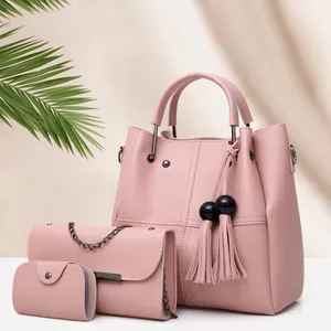 Pink 3-piece faux leather handbag set with tassel charm and chain shoulder strap