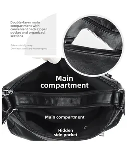 Vue détaillée du compartiment multiple et de la texture grainée du sac en cuir noir