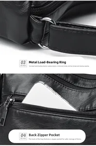 Détail du sac en cuir avec anneaux métalliques et poche zippée arrière pour smartphone