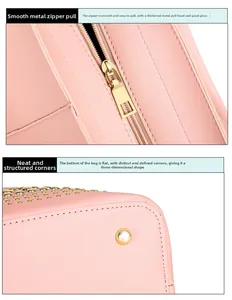 Details der rosa Kunstledertasche mit glattem Goldreißverschluss und Bodenbeschlägen