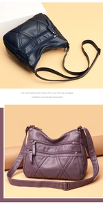 Détail de sacs bandoulière en bleu marine et violet avec texture cuir et multi-poches