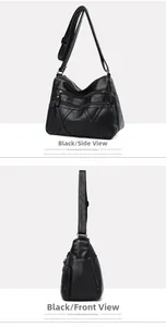 Détail du sac bandoulière noir avec texture litchi souple et poches zippées multiples