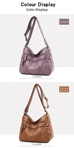 Détail de sacs à main en cuir PU souple avec compartiments multiples en violet et marron
