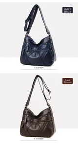 Vue détaillée des sacs à bandoulière en similicuir souple en bleu marine et marron