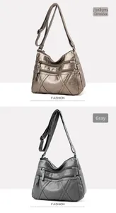Détail du sac bandoulière rétro en cuir PU souple avec plusieurs poches zippées et coutures