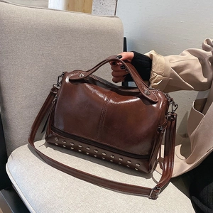 Women Boston Bag Vintage Rivet Studded Faux Leather Handbag Large Capacity Crossbody Bag With Adjustable Strap
