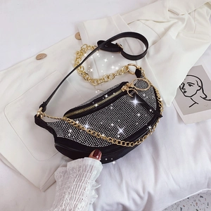 Women Crescent Crossbody Bag Rhinestone Sparkling Evening Party Fashion Gold Chain PU Leather Chest Purse