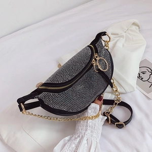 Sparkling rhinestone crescent shoulder bag with silver crystals and gold chain strap