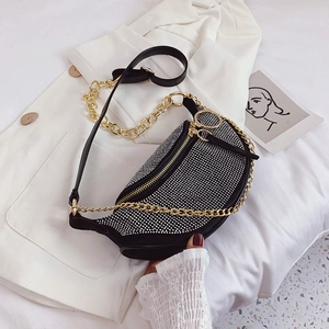 Fashionable black rhinestone crescent bag with gold chain and leather strap
