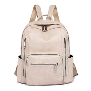 Women Fashion PU Leather Backpack Large Capacity Multi-Pocket Travel Shoulder Bag Korean Style Geometric Stitching Soft Rucksack