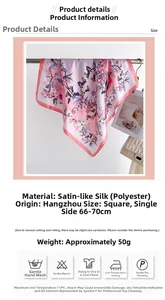 Detail of pink floral square scarf in satin silk texture with elegant blooming patterns